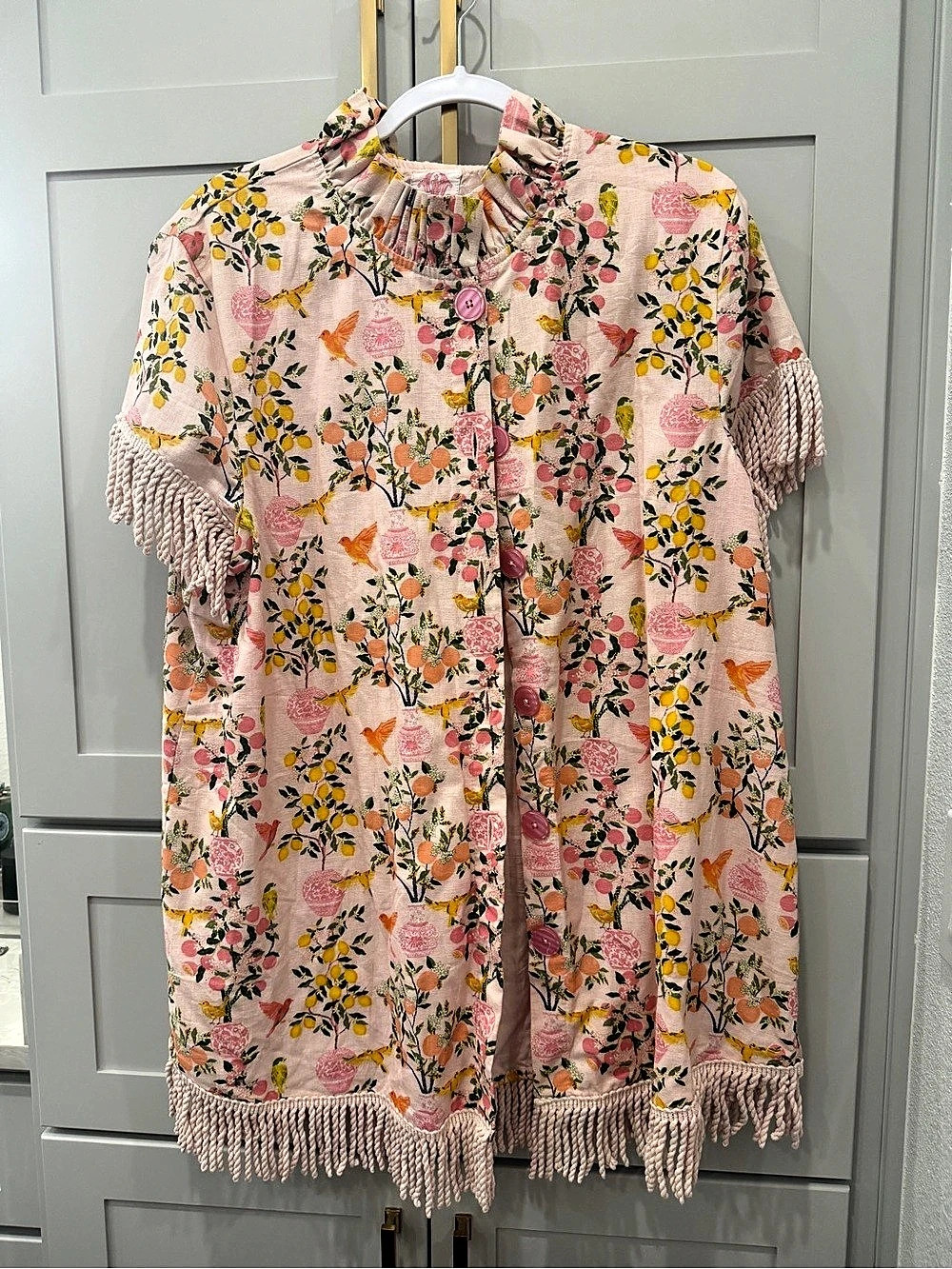 Elizabeth Wilson Floral Fringe Button Down Shift Dress Cover up Pink Large Like